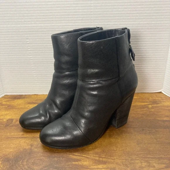 Rag Bone Black Leather‎ Block Heel Ankle Boots Women's Size 38