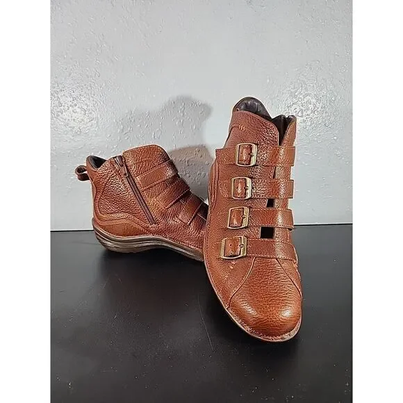 Bionico Boots 6.5 M Booties Brown Stitch Leather Multi Strap Ankle Zip Shoes‎