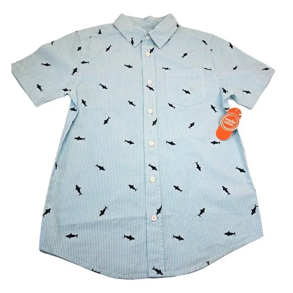 Wonder Nation Sharks Button Down Shirt Boys L (10-12) Short Sleeve Stripes Beach