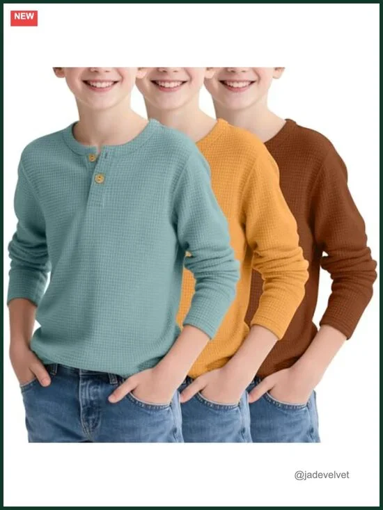3 Pack Boys Henley Long Sleeve Waffle Thermal Tops Cotton Blend Knit