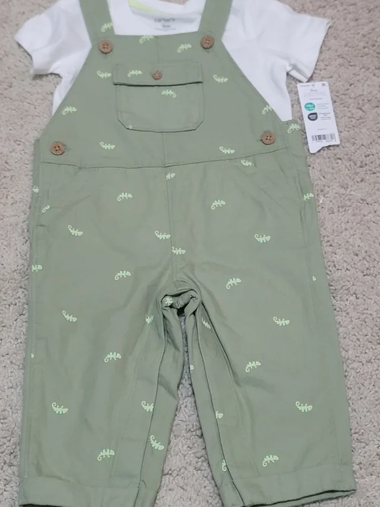 9M 2 Piece Set Carter's Olive Green Printed Baby Overalls
