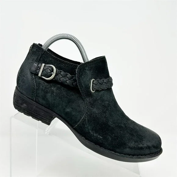 Born Sylvia Ankle Heeled Booties Black Braided Strap Buckle Back Zip Size 8