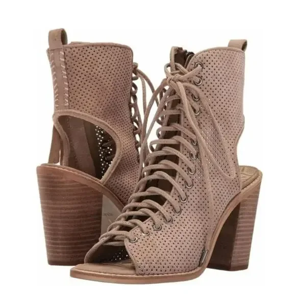 Dolce Vita Lira Peep Toe Lace-Up Cutaway Back Booties Boho Pirate Festival 8.5