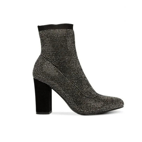 New Wild Pair Baybe Black Rhinestone Block Heel Sock Booties SZ 8 Glam Y2K Party