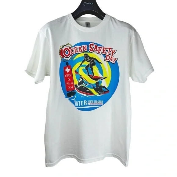 NWOT GILDAN OCEAN SAFETY DAY Kids White Crew Neck T-shirt Graphic Design XL