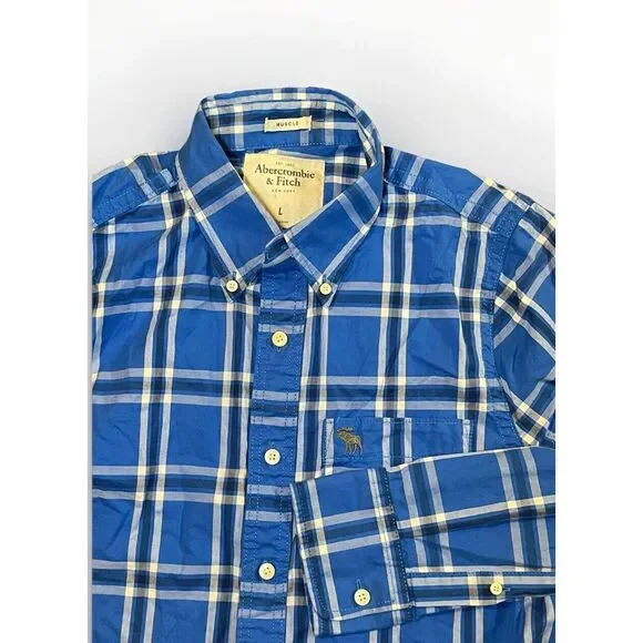 Abercrombie and Fitch Boys Youth Blue Plaid Long‎ Sleeve Shirt Large