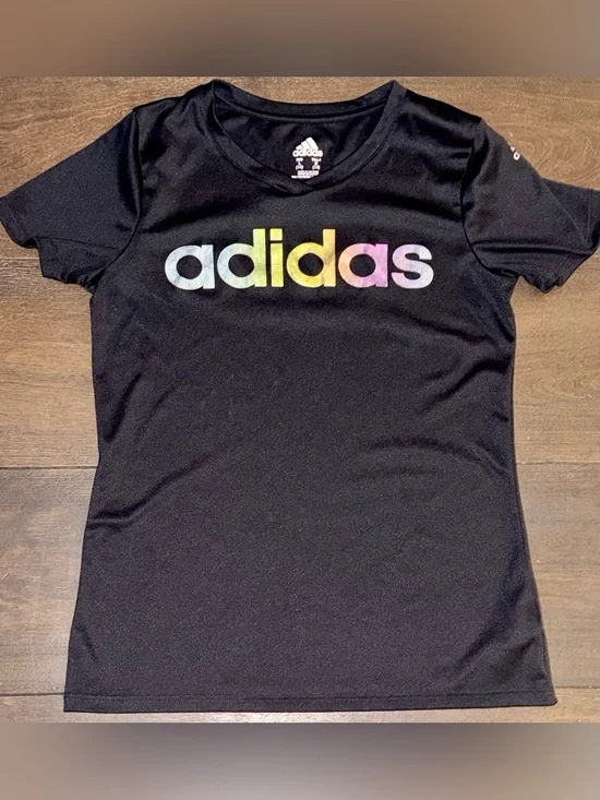 Adidas Girls Climalite Black Performance T-Shirt Rainbow Logo Size 14 Large