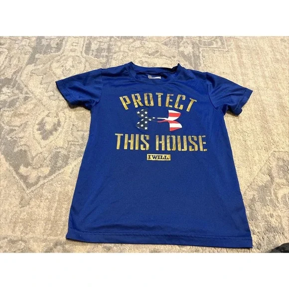 UNDER ARMOUR Youth‎ Boys Sz 7 Heat Gear BLUE Shirt Protect This House