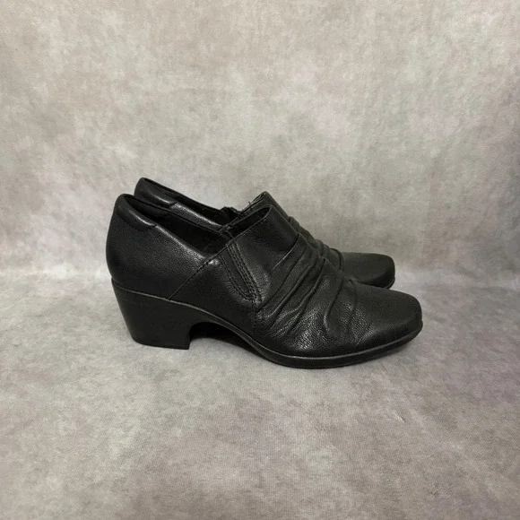 Clarks Collection Leather Shooties Womens 8 Black Ruched‎ Block Heel Ankle Boots