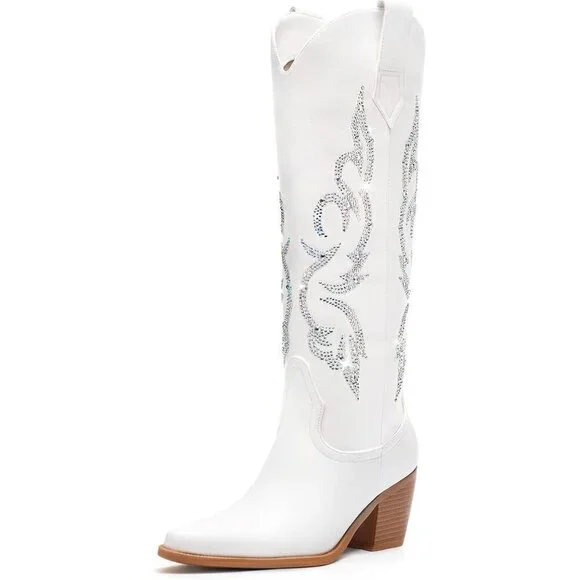 Women's White 1 Knee High Wide Calf Western Glitter Sparkly Ladies Tall Boots