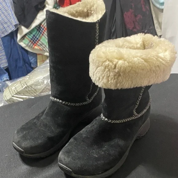 MERRELL ENCORE STITCH HIGH BLACK BOOT WO SIZE 7 SUEDE FAUX FUR LINED EUC‎ CLEAN