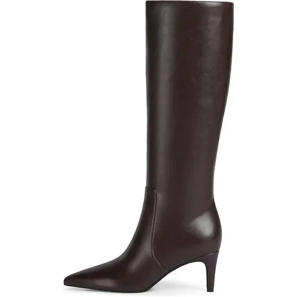 Women Chocolate 1 Tall Boots Pointed Toe Kitten Heel Side Zipper Knee High Boots