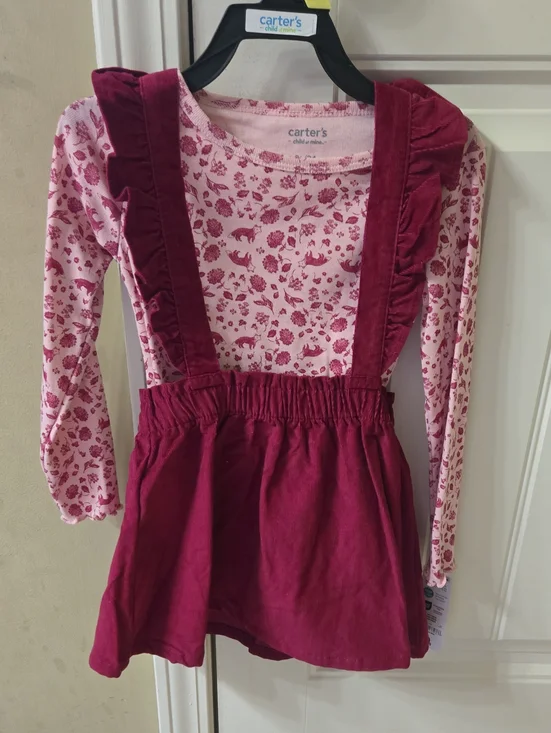 Carter's Child of Mine 3T Pink Floral Top with Burgundy Pinafore Dress