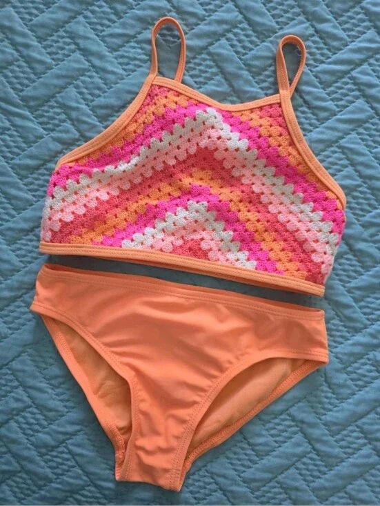 wonder nation Peach Crochet-Accent Two-Piece Swimsuit with Pink and White