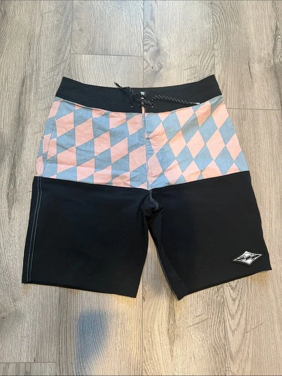 Billabong Black Swim Trunks with Pink & Light Blue Diamond Waist