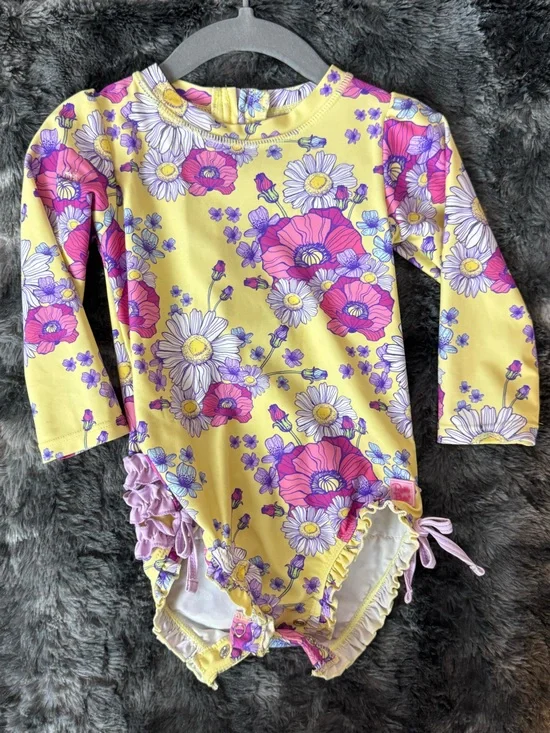 Rufflebutts Yellow Floral Long Sleeve One-Piece Swimsuit for Toddlers