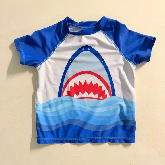 Andy & Evan Boys Shark Rash Guard Blue White Swim Shirt Size 5Y Nautical Summer