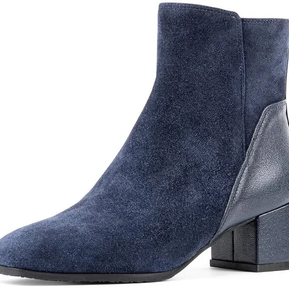 Women's Navy Kelsee Rubber Suede Ankle Block Heel Zipper Booties