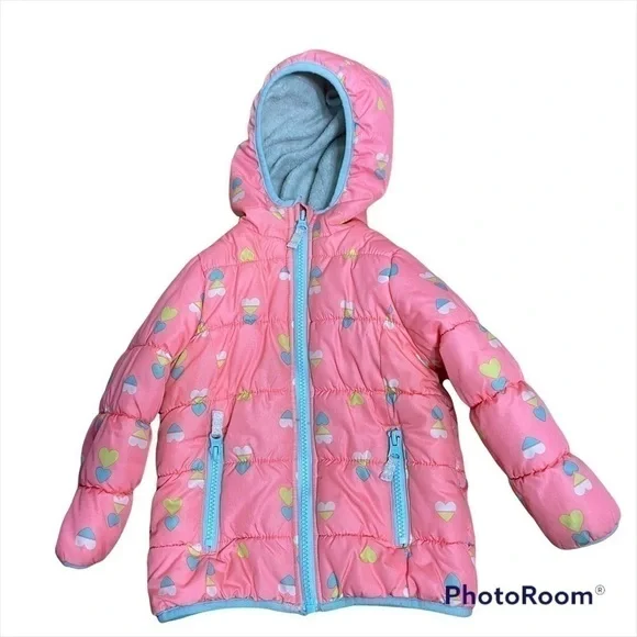 Carter’s Pink Puffer Coat Jacket Heart Print Hooded Full Zip 24 months Girls