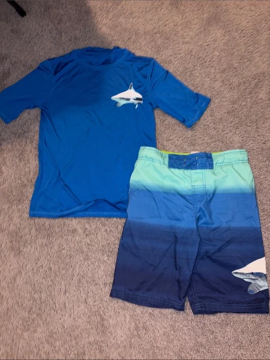 Blue Boys' Rash Guard Top and Swim Shorts with Shark Graphic