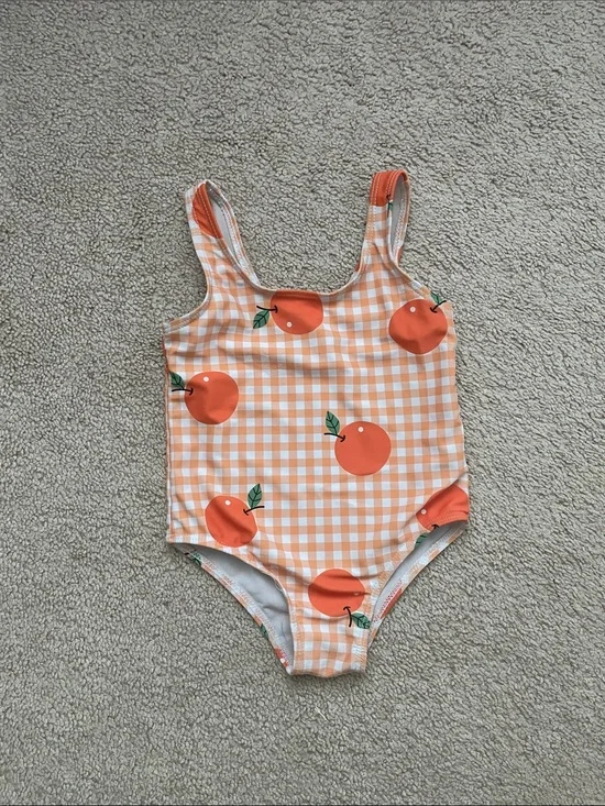 Gingham Orange Fruit One-Piece Swimsuit with Coverup