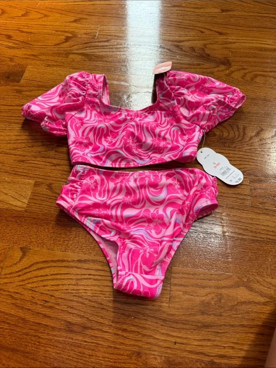 wonder nation Pink Swirl Puff-Sleeve Two-Piece Swim Set