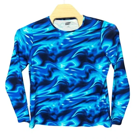 Lands End Boys Large 14-16 Blue Marble Rash Guard Swim Shirt Long Sleeve