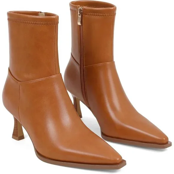 Women's Tan Ankle Stiletto High Heel Pointed Toe Side Zipper Dress Boots