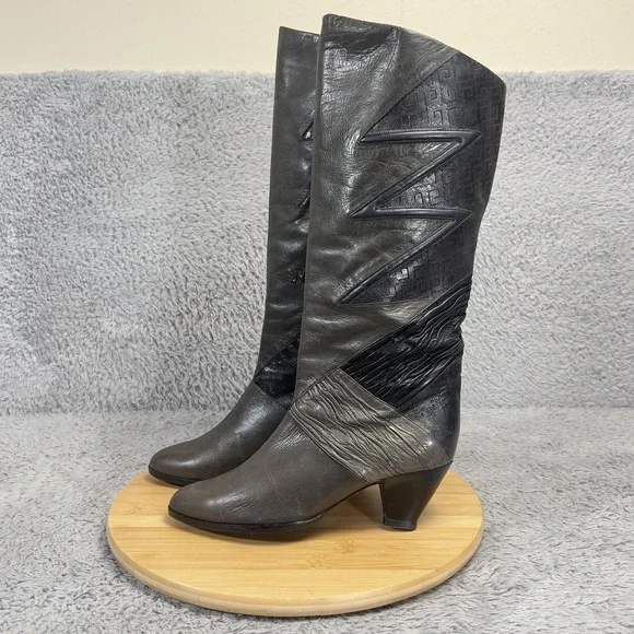 Vintage Patchwork Italian Leather Boots Womens 8 Fits Like 7.5 Gray Knee High