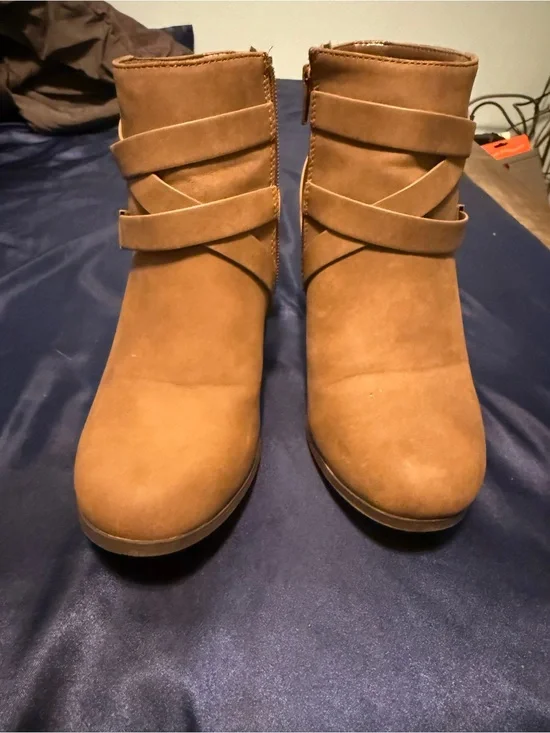 Charlotte Russe Tan Suede-Look Ankle Booties with Wrap Straps