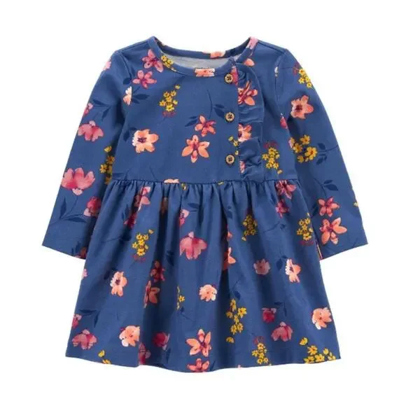Carter's Baby Girls Long Sleeve Fitted Sleeve A-Line Dress in Blue, Size 3M​​​​