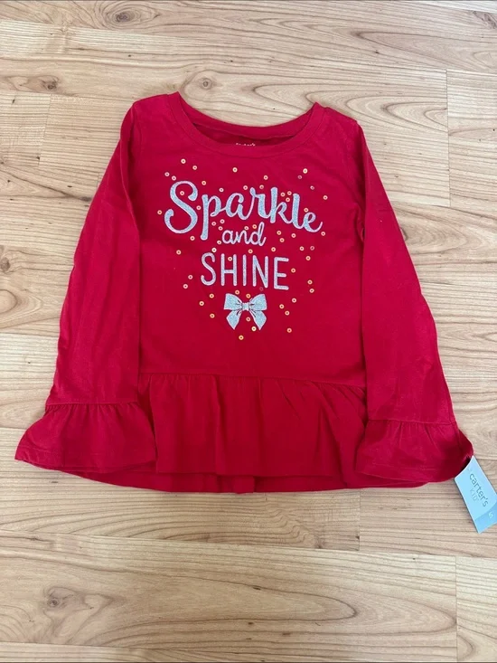 Carter's Red Sparkle and Shine Long-Sleeve Ruffle Top NWT