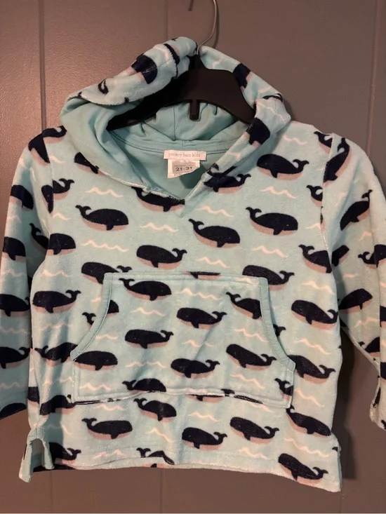 Pottery Barn Kids Aqua Whale Pullover Hoodie - Navy Whale Print
