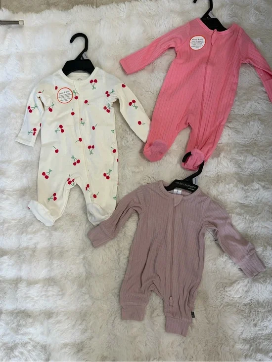 Carter's 3-Pack Ribbed & Cherry Print Footies - Pink, Cream, Mauve