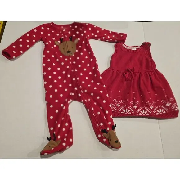 Carter's Just One You Red Sweater Dress & Polka Dot Reindeer Footed Pajamas 9M
