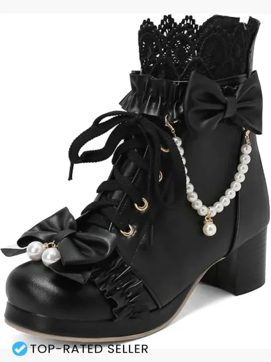 Cute Lolita Ankle Boots Chunky Mid Heel Platform Lace Up Bow Booties Pearl
