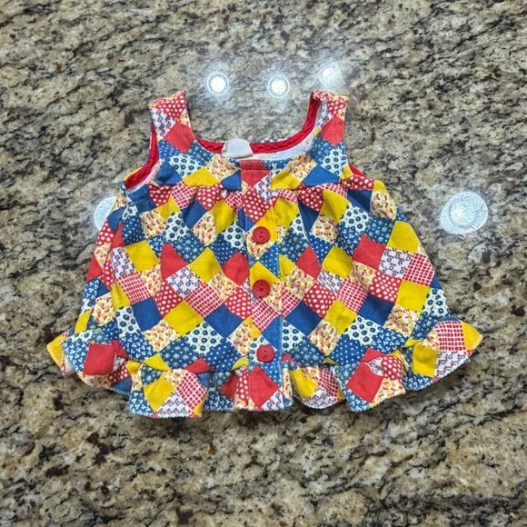 Vintage Carters Girls 12M Patchwork Print Ruffle Hem Sleeveless Top Red Blue