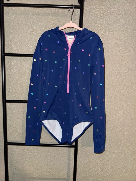 Mini Boden Navy One-Piece with Multicolor Polka Dots