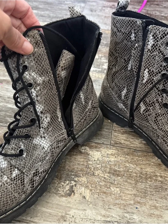 Born Snake-Print Lace-Up Ankle Booties in Gray and Black