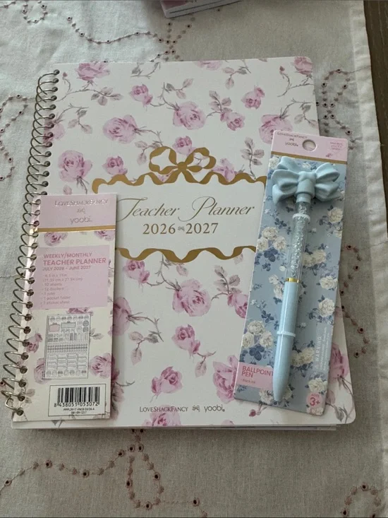 LoveShackFancy Floral Teacher Planner 2026-2027 in Pink & Gold with Blue Bow Pen