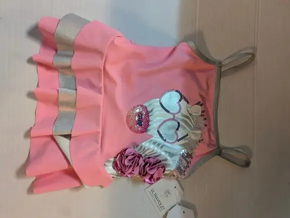 NWT Flapappyles Girls Pink & Silver Zebra Swim Dress Size 4 Swimsuit One Piece