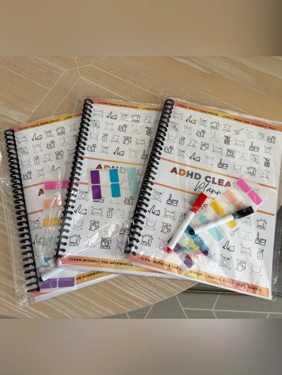 ADHD Cleaning Planners|3 Spiral Notebooks - White with Multicolor Tabs + markers