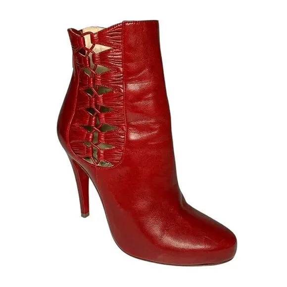 Christian Louboutin Aziboot 100 Red Leather Cutout Ankle Boots Size 37 EU 7 US