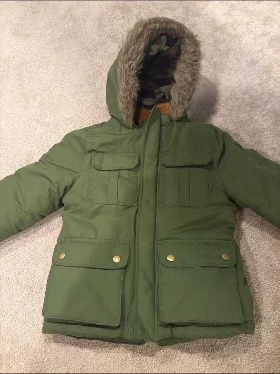 NWT Carter's  Boys Faux Fur Hooded Winter Parka Jacket Olive Green- Size 6