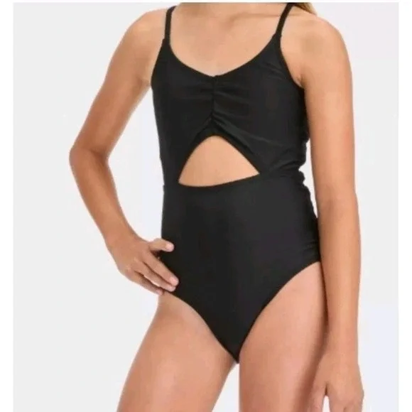 Girl's Black One Piece Swimsuit, Cut-Out Monokini Swim Minimalism XS 4 / 5