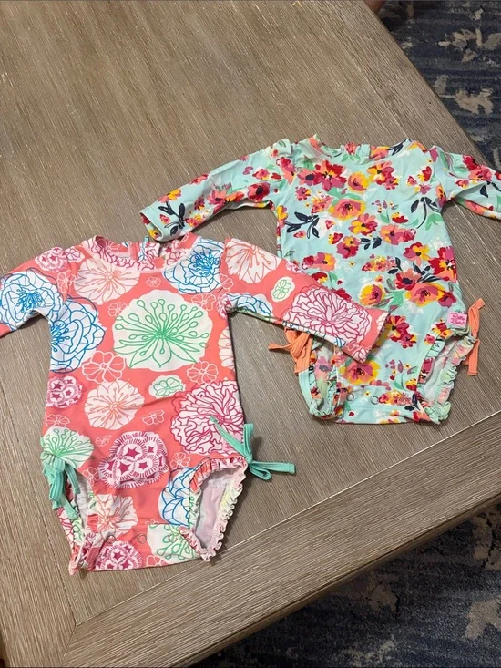 Ruffle Butts Coral & Mint Floral Long Sleeve One-Piece Swim