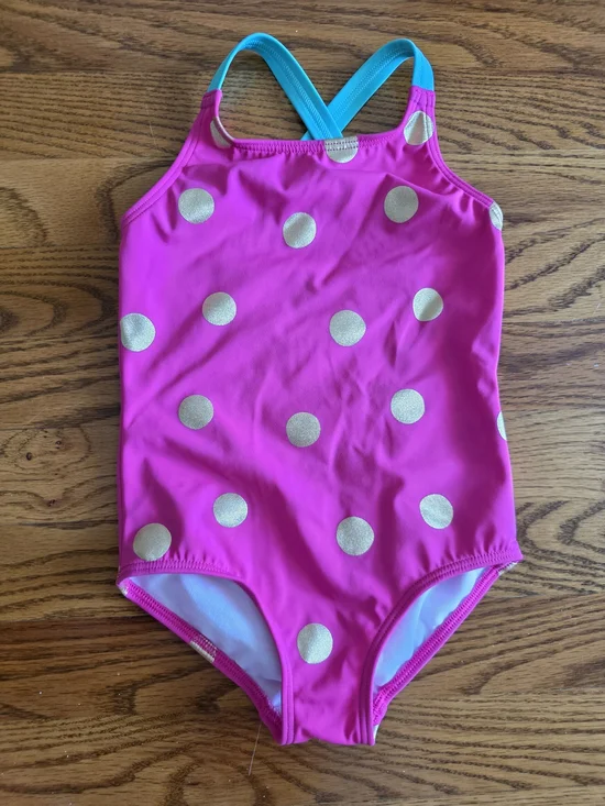 Mini Boden Hot Pink One-Piece Swimsuit with Gold Polka Dots and Turquoise Straps