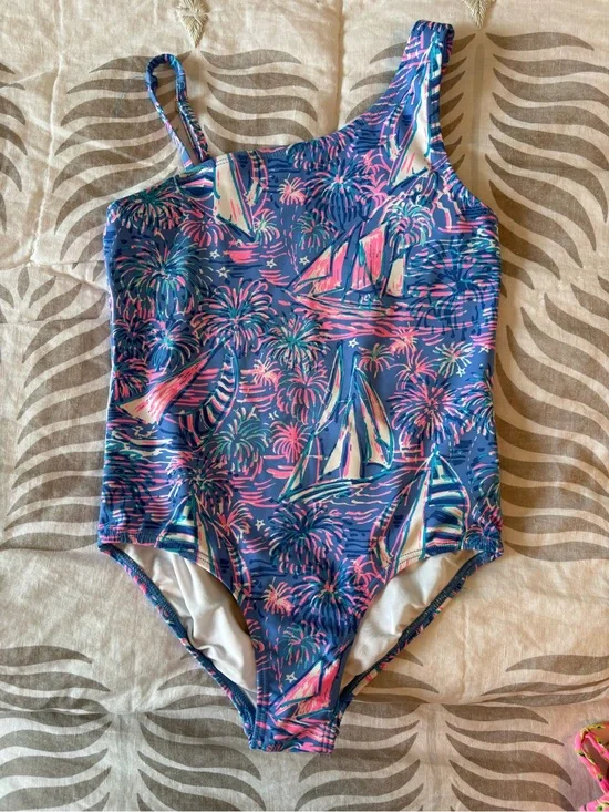 Lilly Pulitzer One-Shoulder Sailboat Print Swimsuit in Blue, Pink & Teal