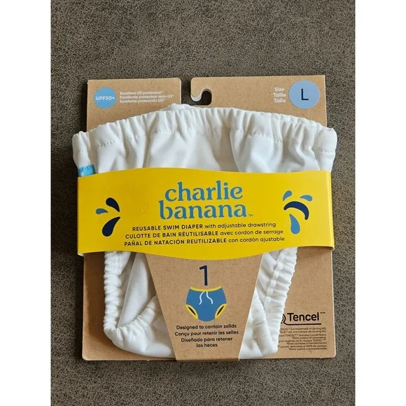 Charlie Banana Swim Diaper Large (22-34lbs) Reusable Washable‎ All White NEW NWT