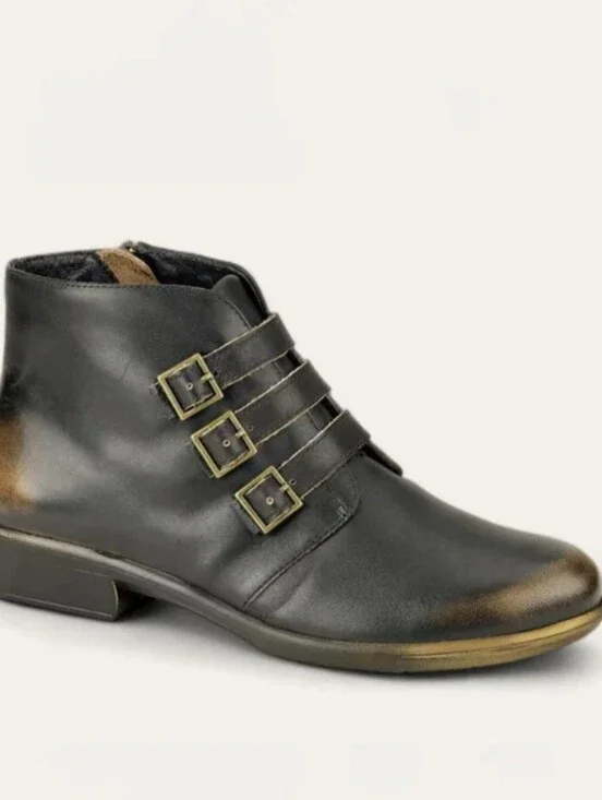 Naot Calima Leather Bootie, Black / Brown, Size 41, US Size 10, Zipper Entry